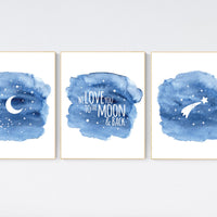 Nursery decor boy navy blue, Nursery wall art boy, navy nursery decor, moon and stars, we love you to the moon and back, nursery prints boy
