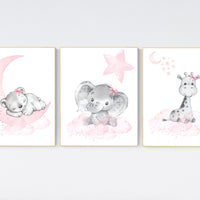 Animal nursery, nursery decor girl pink gray, nursery decor girl woodland animals, teddy bear, elephant, giraffe, baby girl nursery prints