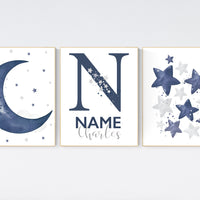 Navy nursery decor, cloud and stars, moon and stars, navy blue nursery art. baby room wall art, boy nursery decor, set of 3, nursery art