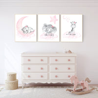 Animal nursery, nursery decor girl pink gray, nursery decor girl woodland animals, teddy bear, elephant, giraffe, baby girl nursery prints
