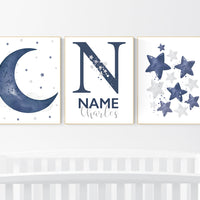 Navy nursery decor, cloud and stars, moon and stars, navy blue nursery art. baby room wall art, boy nursery decor, set of 3, nursery art
