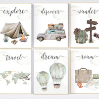 Travel nursery print, Explore nursery wall art, Baby boy nursery, Adventure Set of 6 prints, Camping Prints, Adventure Nursery Decor