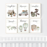 Travel nursery print, Explore nursery wall art, Baby boy nursery, Adventure Set of 6 prints, Camping Prints, Adventure Nursery Decor