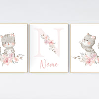 Cat nursery print, kitten nursery print, floral nursery, nursery decor girl, nursery art girl, cat print, kittens, pink and grey, pink gray,