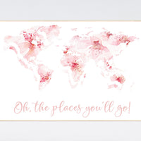 Floral World Map, Girl Nursery Decor, Travel Nursery Art, floral Nursery Print, blush nursery, Nursery baby girl room, Adventure Awaits