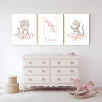 Cat nursery print, kitten nursery print, floral nursery, nursery decor girl, nursery art girl, cat print, kittens, pink and grey, pink gray,
