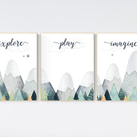 Nursery decor boy mountain, adventure nursery, adventure theme nursery, woodland, gender neutral, explore, play, imagine, mountains nursery