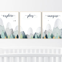 Nursery decor boy mountain, adventure nursery, adventure theme nursery, woodland, gender neutral, explore, play, imagine, mountains nursery