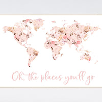 Floral World Map, Girl Nursery Decor, Travel Nursery Art, floral Nursery Print, blush nursery, Nursery baby girl room, Adventure Awaits