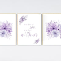 Nursery decor girl lavender, Nursery decor girl flower, purple, in a field of roses she is a wildflower, lilac, girl nursery wall art floral