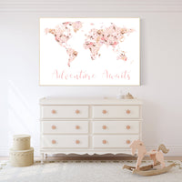 Floral World Map, Girl Nursery Decor, Travel Nursery Art, floral Nursery Print, blush nursery, Nursery baby girl room, Adventure Awaits