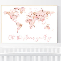 Floral World Map, Girl Nursery Decor, Travel Nursery Art, floral Nursery Print, blush nursery, Nursery baby girl room, Adventure Awaits