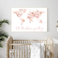 Floral World Map, Girl Nursery Decor, Travel Nursery Art, floral Nursery Print, blush nursery, Nursery baby girl room, Adventure Awaits
