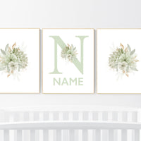 Nursery decor girl flowers, green flowers, herbal, green, mint green, sage green and gold, Nursery decor girl name, girl nursery wall decor