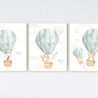 Nursery decor gender neutral, sage green, hot air balloon, green nursery, baby room decor, nursery prints, travel theme nursery, adventure