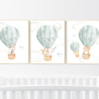Nursery decor gender neutral, sage green, hot air balloon, green nursery, baby room decor, nursery prints, travel theme nursery, adventure