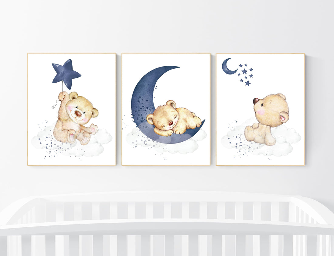 Nursery decor bear, animal nursery prints, navy nursery, navy blue nursery, baby room wall art, woodland animal prints, teddy bear nursery