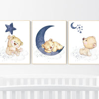 Nursery decor bear, animal nursery prints, navy nursery, navy blue nursery, baby room wall art, woodland animal prints, teddy bear nursery