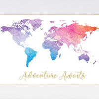 Adventure awaits, World Map poster, world map wall art, nursery wall art, pink purple, mint, gold, nursery decor gender neutral