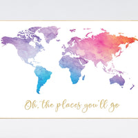 World Map poster, world map wall art, nursery wall art, oh the places you'll go, pink purple, mint, gold, nursery decor gender neutral