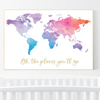 World Map poster, world map wall art, nursery wall art, oh the places you'll go, pink purple, mint, gold, nursery decor gender neutral