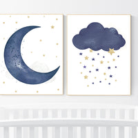 Navy nursery decor, cloud and stars, moon and stars, navy gold nursery art. baby room wall art, boy nursery decor, set of 2, nursery art