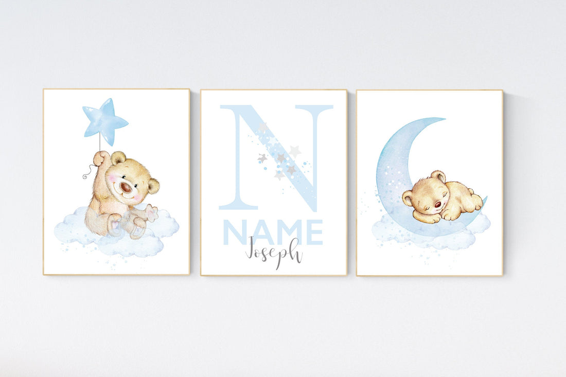 Nursery decor bear, nursery decor boy, bear nursery print, teddy bear decor, nursery wall art animals, boy nursery wall decor, blue nursery