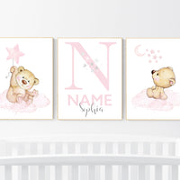 Nursery decor bear, nursery decor girl, bear nursery print, teddy bear decor, nursery wall art animals, girl nursery, pink nursery