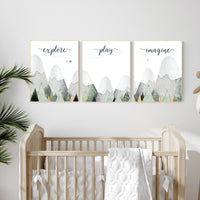 Nursery decor boy mountain, sage green, adventure nursery, adventure theme nursery, woodland, gender neutral, explore, play, imagine, olive