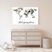 Floral nursery, Blush and navy, girl nursery, map nursery art, world map, girl room decor, girl nursery, blush navy, girl nursery ideas