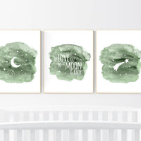 Nursery decor, sage green, gender neutral nursery, green nursery decor, moon nursery, we love you to the moon and back, moon and stars