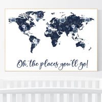 Floral nursery, girl nursery, map nursery art, world map, girl room decor, girl nursery, navy blue, girl nursery ideas