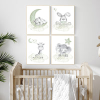 Nursery wall art animals, green nursery, gender neutral nursery, sage green, baby room decor, bear, elephant, giraffe, bunny, animal prints