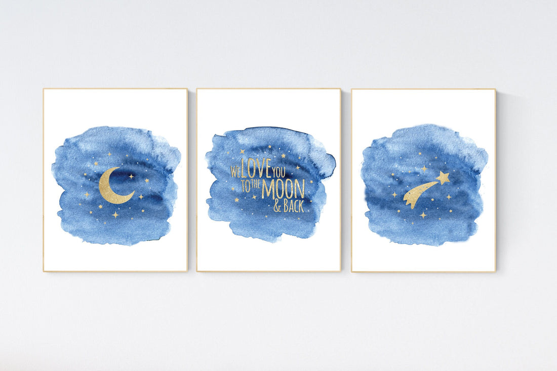 Navy nursery decor, cloud and stars, moon and stars, navy gold nursery art. baby room wall art, boy nursery decor, set of 3, nursery art