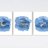 Navy nursery decor, cloud and stars, moon and stars, navy gold nursery art. baby room wall art, boy nursery decor, set of 3, nursery art