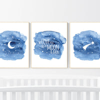 Nursery decor boy navy blue, Nursery wall art boy, navy nursery decor, moon and stars, we love you to the moon and back, nursery prints boy