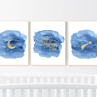 Navy nursery decor, cloud and stars, moon and stars, navy gold nursery art. baby room wall art, boy nursery decor, set of 3, nursery art