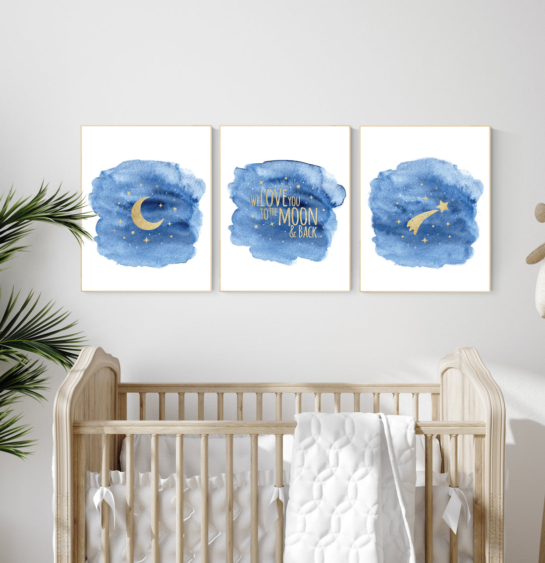 Navy nursery decor, cloud and stars, moon and stars, navy gold nursery art. baby room wall art, boy nursery decor, set of 3, nursery art
