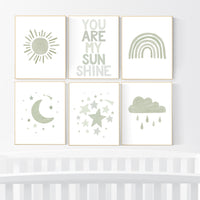 Nursery prints rainbow, gender neutral, sage green nursery wall decor, rainbow, sun, your are my sunshine, nursery decor neutral, green