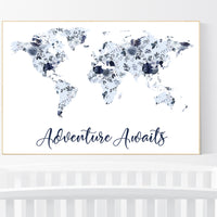 Floral nursery, girl nursery, map nursery art, world map, girl room decor, girl nursery, navy blue, girl nursery ideas