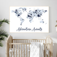 Floral nursery, girl nursery, map nursery art, world map, girl room decor, girl nursery, navy blue, girl nursery ideas