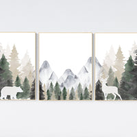 Nursery decor mountain, nursery wall art, tree nursery decor, adventure theme nursery, forest, sage green, beige, woodland animals