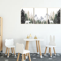 Nursery decor mountain, nursery wall art, tree nursery decor, adventure theme nursery, forest, sage green, beige, woodland animals