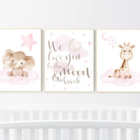 Animal nursery, nursery decor girl pink gray, nursery decor girl woodland animals, teddy bear, elephant, giraffe, baby girl nursery prints