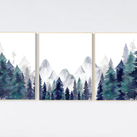 Nursery decor woodland, mountain wall art, tree nursery decor, adventure theme nursery, forest, navy and teal, woodland animals