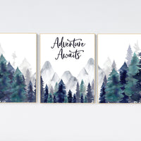 Nursery decor woodland, mountain wall art, tree nursery decor, adventure theme nursery, forest, navy and teal, woodland animals