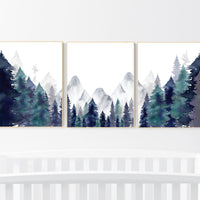 Nursery decor woodland, mountain wall art, tree nursery decor, adventure theme nursery, forest, navy and teal, woodland animals