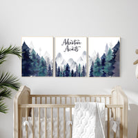 Nursery decor woodland, mountain wall art, tree nursery decor, adventure theme nursery, forest, navy and teal, woodland animals