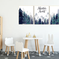 Nursery decor woodland, mountain wall art, tree nursery decor, adventure theme nursery, forest, navy and teal, woodland animals