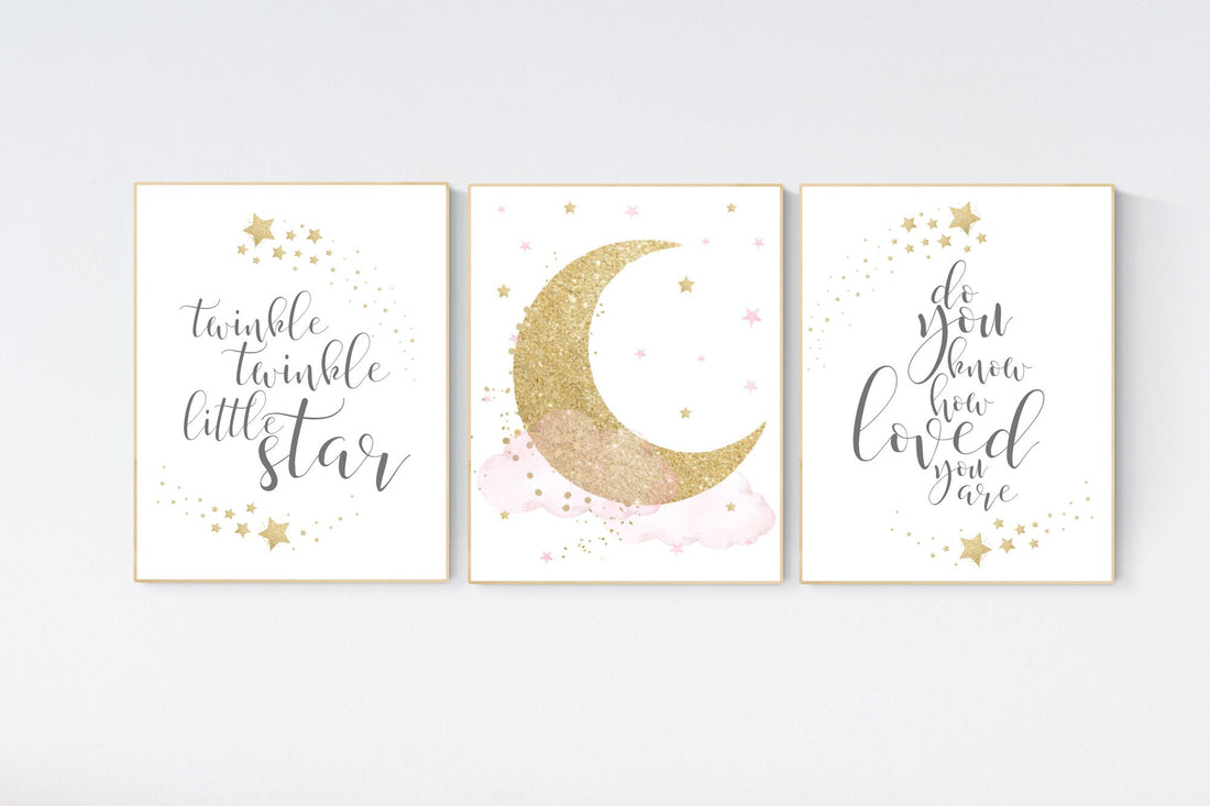 Twinkle twinkle little star, Nursery wall art girl pink gold, baby room decor girl gold and pink, cloud and stars, baby room, moon print